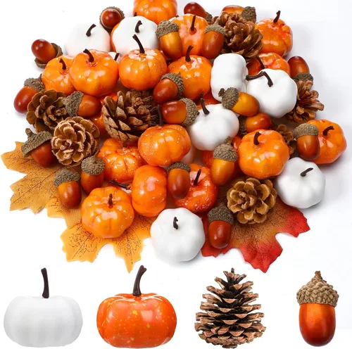 Vista 8 de Yookeer 120 mini calabazas artificiales de bellotas de otoño, conos de pino para decorar cuencos de otoño, centro de mesa de Acción de Gracias