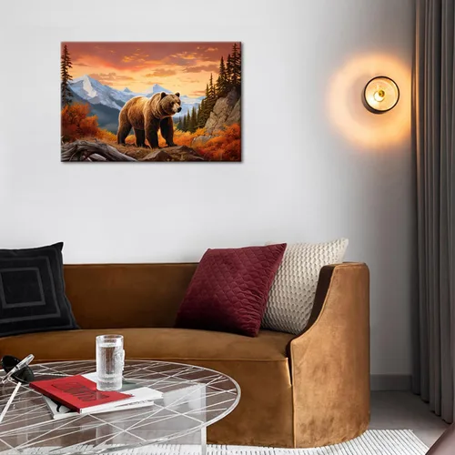 Vista 5 de GLOKAKA Arte abstracto de pared con diseño de oso marrón en la montaña Giclée, póster con imagen de bosque y montaña rocosa, obra de arte