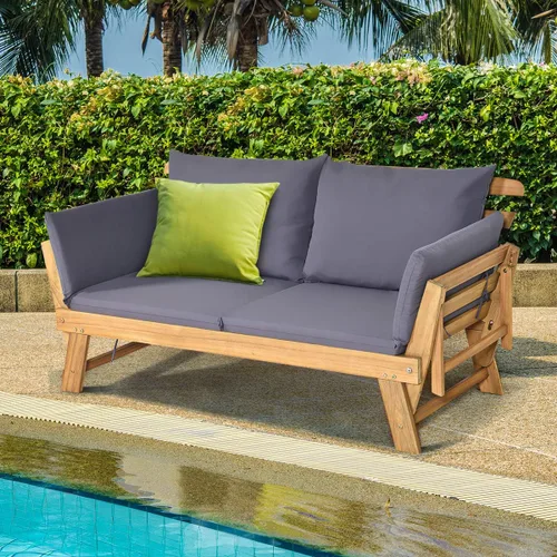 Vista 4 de Tangkula Sofá Cama Convertible de Madera de Acacia para Patio con Reposabrazos Ajustable, Sofá Cama de Exterior con Cojín y Almohadas, Banco Sofá