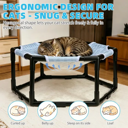 Vista 5 de Cama hamaca elevada para gatos, cuna hexagonal elevada para gatos con tela transpirable de gorro de hielo y bloque antideslizante, alfombrilla
