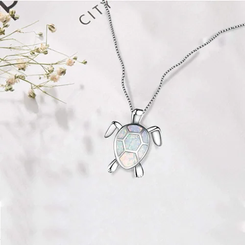 Vista 2 de Hithop Bonito collar con colgante de tortuga, animales encantadores, collar de plata chapado en ópalo de fuego blanco, regalos de joyería