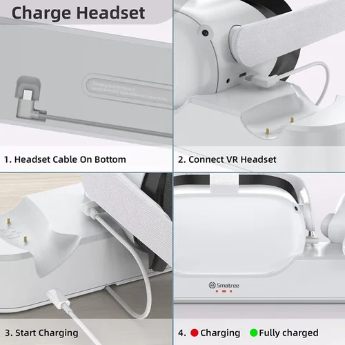 Vista 4 de Smatree Charging Dock Compatible for Oculus Quest 2Meta Quest 2, VR Controller and Headset Charge Simultaneously, Updated Support Elite Strap with