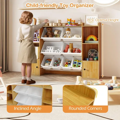 Vista 6 de HONEY JOY Organizador de almacenamiento de juguetes para niños, armario de madera de 56.5 pulgadas de largo con 8 contenedores extraíbles, estantes