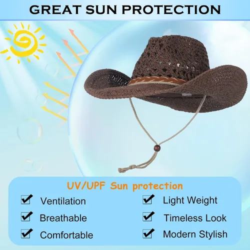 Vista 6 de EOZY Sombrero de paja para mujer y hombre, sombrero de sol para vaqueras, sombrero de sol de playa estilo occidental con correa de barbilla