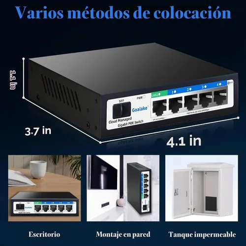 Vista 7 de Goalake Switch PoE administrado inteligente fácil de 5 puertos Gigabit y ranura SFP, con 4 puertos Gigabit PoE+@52W, diseño sin ventilador y metal