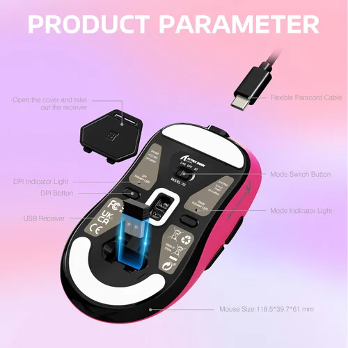 Vista 9 de ATTACK SHARK X3 Mouse inalámbrico para juegos, mouse ergonómico de computadora de 49g, sensor óptico PAW3395 de triple modo de 26K DPI, duración
