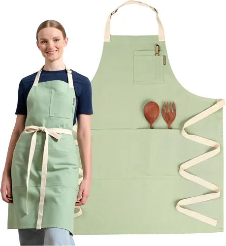 Vista 9 de MEEMA Delantal de chef con bolsillos, talla única, delantales ajustables reciclados para mujeres y hombres, para cocinar, hornear, asar a