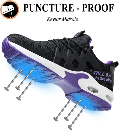 Vista 3 de LANSNBO Zapatos de punta de acero para mujer, zapatos de trabajo de seguridad indestructibles, con amortiguación de aire, ligeros, transpirables