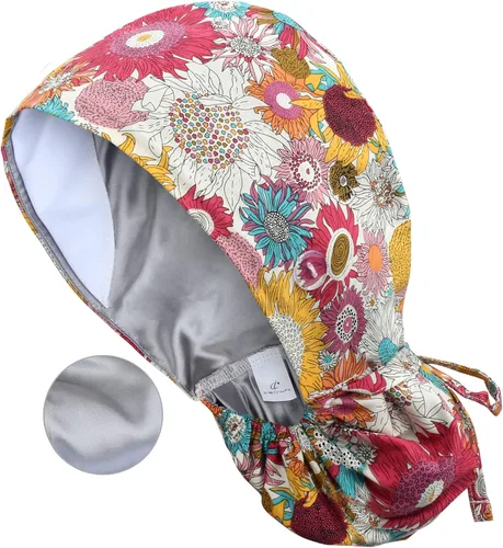 Vista 46 de QBA Gorra de trabajo ajustable con botón, gorro forrado de satén, gorro de trabajo de algodón, banda elástica para atar en la espalda, unisex