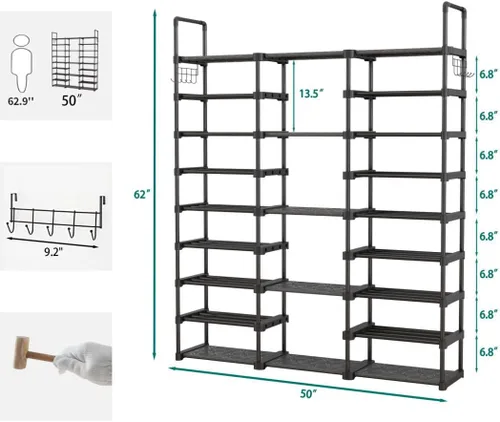Vista 3 de Zapatero de 9 niveles para entrada, organizador de zapatos con gancho, estante de almacenamiento de zapatos, estante largo apilable para zapatos