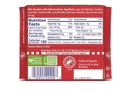 Vista 2 de Ritter Sport Nut Class Dark con barra de caramelo de avellanas enteras de chocolate de 3.5 onzas cada paquete de 10 barras de tamaño completo). El