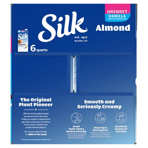 Vista 20 de Silk - Leche de almendras de larga duración, sin endulzar, sin lácteos, vegano, verificado por el Proyecto Non-GMO, 1 cuarto, paquete de 6