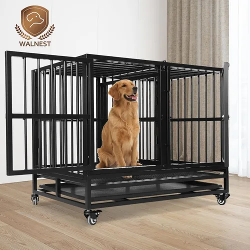 Vista 8 de Jaula indestructible para perros de 37 pulgadas con panel divisor extraíble, jaula resistente para mascotas para dos perros con ruedas de bandeja