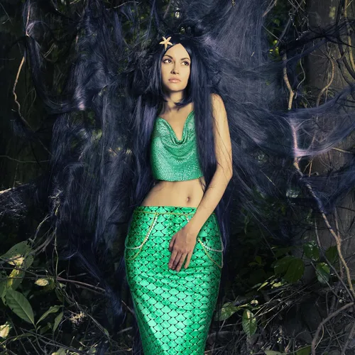 Vista 6 de Jiuguva 5 piezas de disfraz de sirena para mujer, falda de cadena metálica, estrella de mar, clip para el cabello, gel con purpurina para Halloween