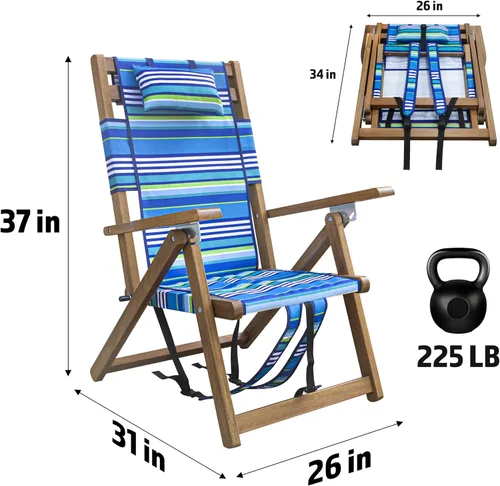 Vista 3 de Melino Silla plegable de madera para exteriores, 3 posiciones, reclinable, con almohada, bolsa con cremallera, correa de transporte, marco de madera