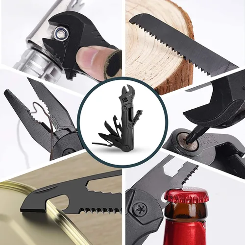 Vista 5 de Hanboost Llave multiherramienta 19 en 1 multiusos para equipo de campamento, tamaño de bolsillo, llave ajustable con alicates, cortador de alambre