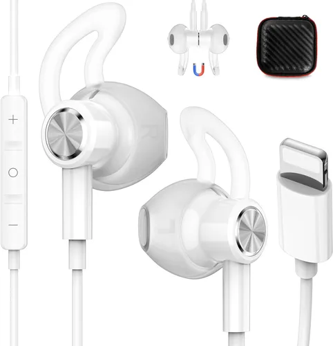 Vista 12 de iMangoo Auriculares con cable para Apple Lightning con certificación MFi color negro Auriculares magnéticos más grandes con puntas anticaídas