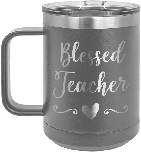 Vista 13 de BLESSED TEACHER Negro 15 oz Taza de café w/tapa deslizante Taza de café de viaje aislada Ideas de regalos de cumpleaños o Navidad de mujeres u