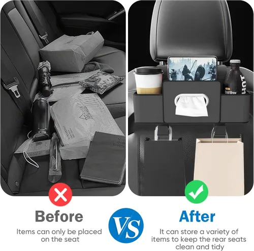 Vista 3 de Organizador de asiento trasero de automóvil con 1 paquete de 80 pañuelos, caja de pañuelos para el respaldo del asiento del automóvil y gancho