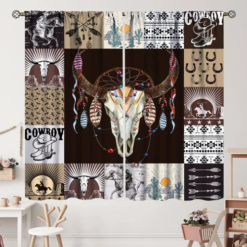 Vista 150 de Cortinas con patrón geométrico tribal, estilo suroeste, azteca, rústico, occidental, nativo americano, opacas, con bolsillo para barra, decoración
