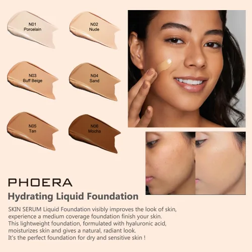 Vista 5 de PHOERA Base de suero hidratante, base de maquillaje hipoalergénica e impecable cobertura completa (N01 porcelana)