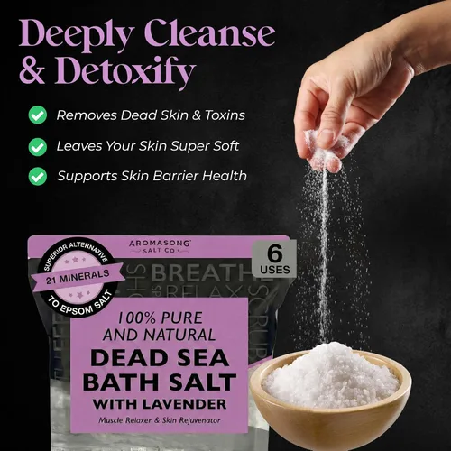 Vista 2 de Aromasong Sal pura del mar muerto para remojar con lavanda 100% natural, 2.43 libras, sal de baño de spa de grano fino, exfoliante de lavado