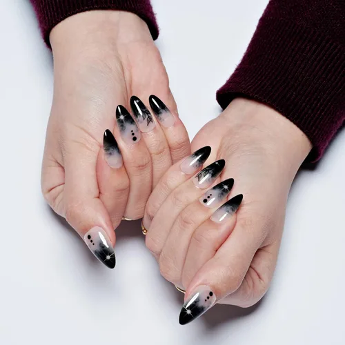 Vista 4 de GLAMERMAID Uñas postizas a presión con forma de almendra mediana, uñas de gel con punta francesa estilo gótico negro ombré, uñas postizas acrílicas