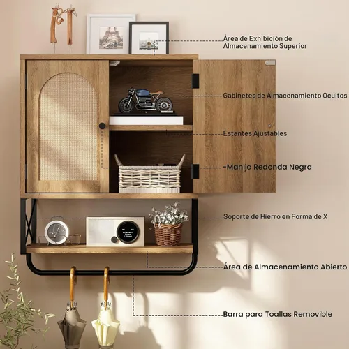 Vista 7 de RUSTOWN Gabinete de pared del cuarto de baño de la rota, Boho sobre el Roble natural