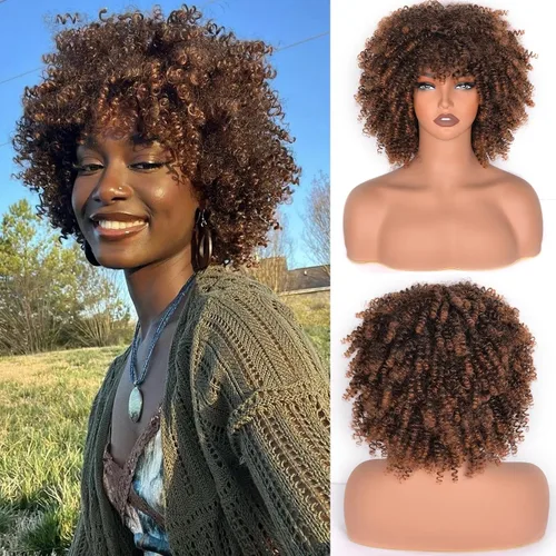 Vista 29 de Vitorish Peluca corta afro rizada con flequillo para mujeres negras, peluca sintética resistente al calor, color negro natural, para uso diario