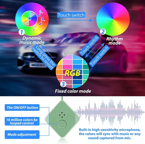 Vista 6 de Tira de luces LED para coche, luces interiores del coche, kit de iluminación LED ambiental con RGB de 16 millones de colores de fibra óptica y ritmo