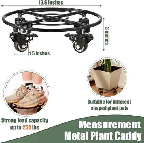 Vista 3 de Paquete de 2 organizadores grandes de metal para plantas con ruedas de 13.6 pulgadas, soportes rodantes para plantas de hierro forjado, rodillos