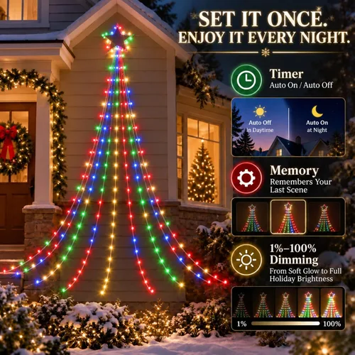 Vista 7 de Luces de decoración navideña para exteriores con estrella, pantalla inteligente de bricolaje personalizada de 100 modos, 3.6 m, cascada de árbol