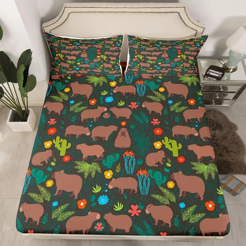 Vista 12 de Capybara - Sábana bajera ajustable tamaño individual, sábanas florales kawaii, diseño de animales rosados, dibujos animados, vida silvestre, roedor