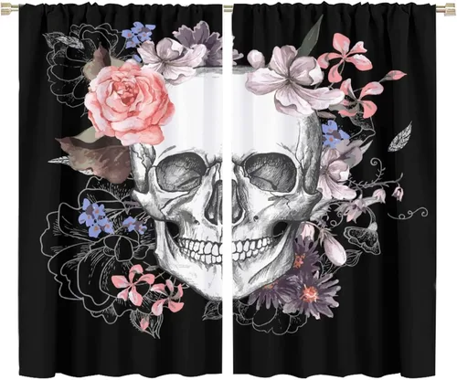Vista 25 de Cortinas de cabeza de calavera, calavera blanca y rosas rojas con ramas y hojas negras, cortinas opacas decorativas para sala de estar, dormitorio