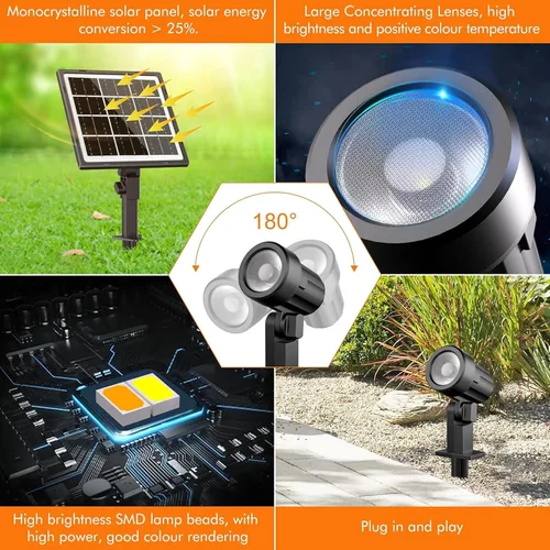 Vista 3 de MEIHUA Focos solares para exteriores 2 en 1, focos solares para paisajes de 2700 K/4000 K/6500 K, 3 brillos con control remoto, IP66 impermeable