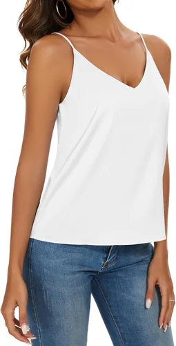 Vista 5 de Miqieer Camiseta básica de seda para mujer, con cuello en V, holgada, sin mangas, de satén, para mujer