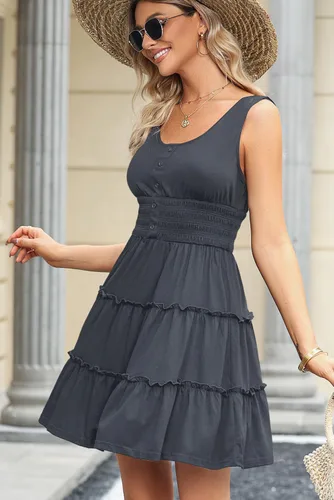 Vista 8 de Dokotoo Vestidos de verano para mujer, sin mangas, con botones, cintura elástica, volantes, escalonados, casual, con vuelo, mini vestido