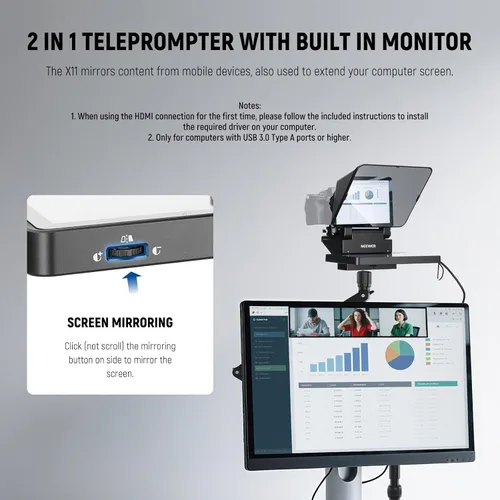 Vista 4 de NEEWER X11 2 en 1 Teleprompter 11" con monitor, compatible con duplicación 2-Negro