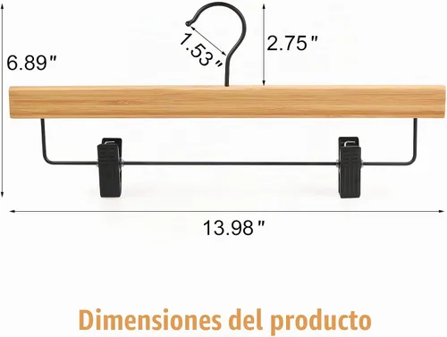 Vista 2 de TOPIA HANGER Perchas para pantalones, paquete de 10 perchas de bambú con clips negros y gancho giratorio, perchas duraderas de madera natural