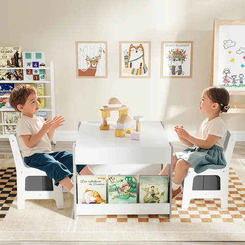 Vista 2 de HONEY JOY Mesa y sillas para niños, juego de actividades de madera 4 en 1 para niños con libreros dobles, almacenamiento, tablero desmontable