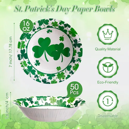 Vista 3 de Domensi 50 cuencos de papel del día de San Patricio, 50 unidades, 16 onzas, cuencos desechables de trébol verde de la suerte, decoraciones de fiesta