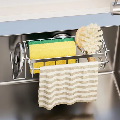 Vista 19 de TAILI Soporte de esponja para fregadero de cocina con ventosa fuerte, organizador de fregadero de aluminio a prueba de óxido, soporte de esponja