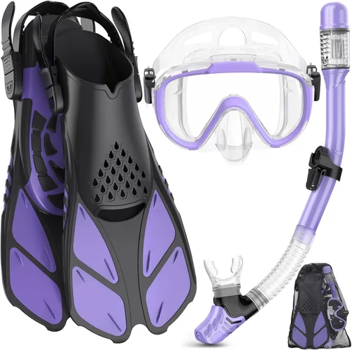 Vista 10 de Ubekezele Equipo de esnórquel para adultos, hombres y mujeres, juego de esnórquel 4 en 1 con máscara de buceo con vista panorámica, antivaho