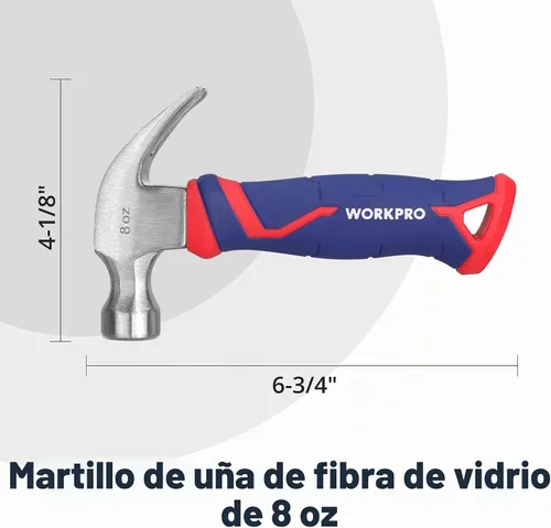 Vista 2 de WORKPRO Martillo de garra de 8 onzas con mango de fibra de vidrio, martillo multiusos con cabeza de acero endurecido forjado Forged Hardened Steel