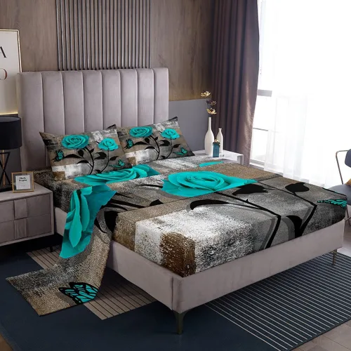 Vista 24 de Erosebridal Juego de sábanas turquesa tamaño individual para niñas y mujeres, juego de sábanas color verde azulado y gris degradado para adultos