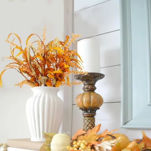 Vista 7 de 3 piezas de flores artificiales de otoño, flores artificiales para decoración, ramo de otoño, hojas de arce, arreglo floral de trigo, ramas