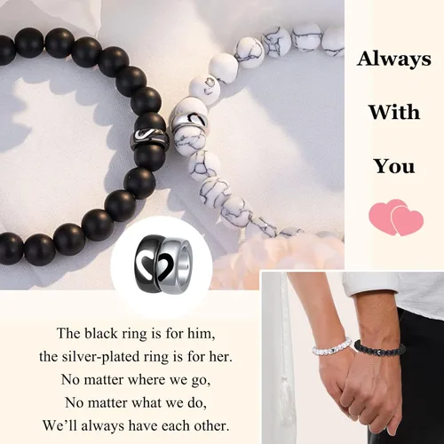 Vista 2 de UNGENT THEM Pulseras de anillo a juego para parejas, regalos para novio, marido, prometido, alma gemela, novia, esposa, día de San Valentín