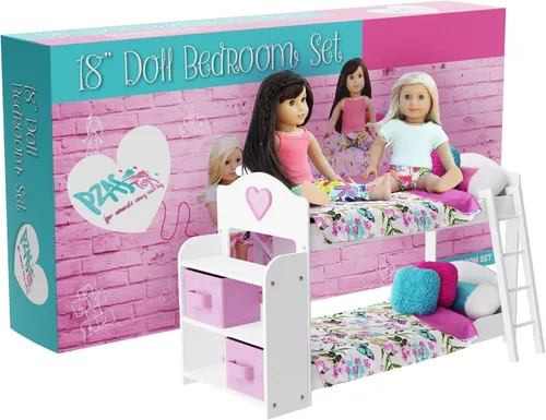 Vista 8 de Litera para muñecas, litera para muñecas de 18 pulgadas, juego de 23 piezas completo con ropa de cama, pijama y estantes, se adapta a muñecas
