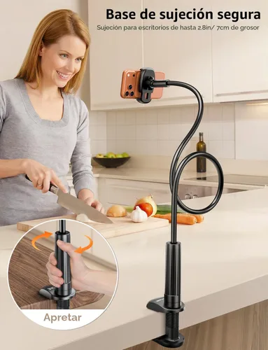 Vista 3 de Tryone Soporte para teléfono con cuello de cisne para cama, brazo flexible, ajustable, abrazadera de montaje para teléfonos celulares en el Negro