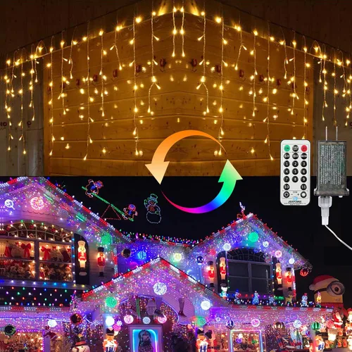 Vista 8 de Brizled Luces de carámbano que cambian de color, 29 pies, 360 luces LED de carámbano de Navidad con control remoto, 11 modos de luces de Navidad